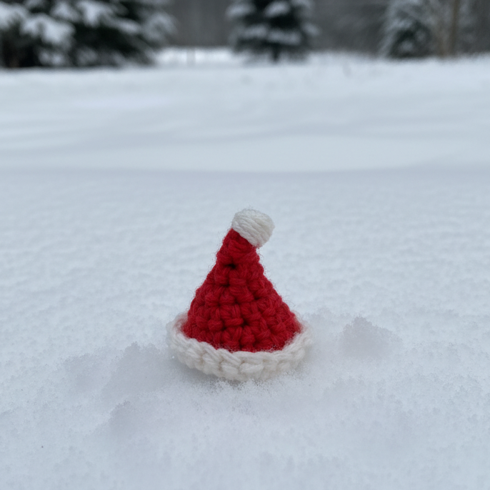 Small crocheted red and white santa hat in a snowy backdrop
