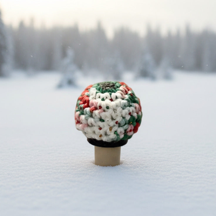 A small crocheted glittery Christmas ornament on a bottle stopper