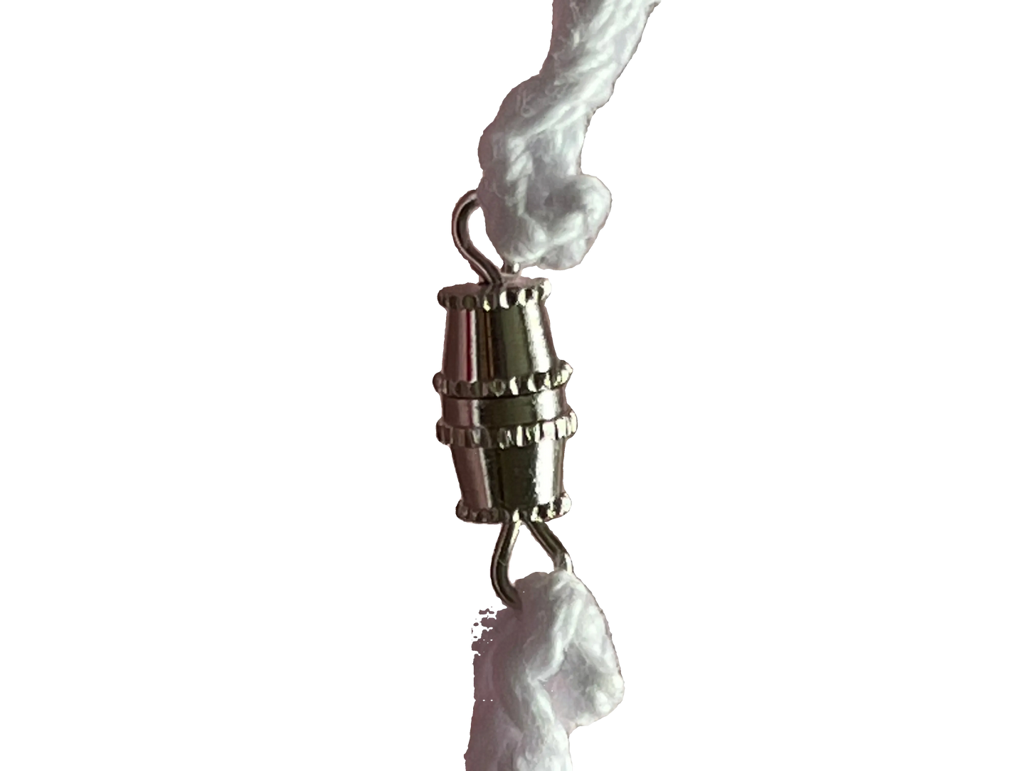 A pendant clasp attached on both sides to a crocheted pendant