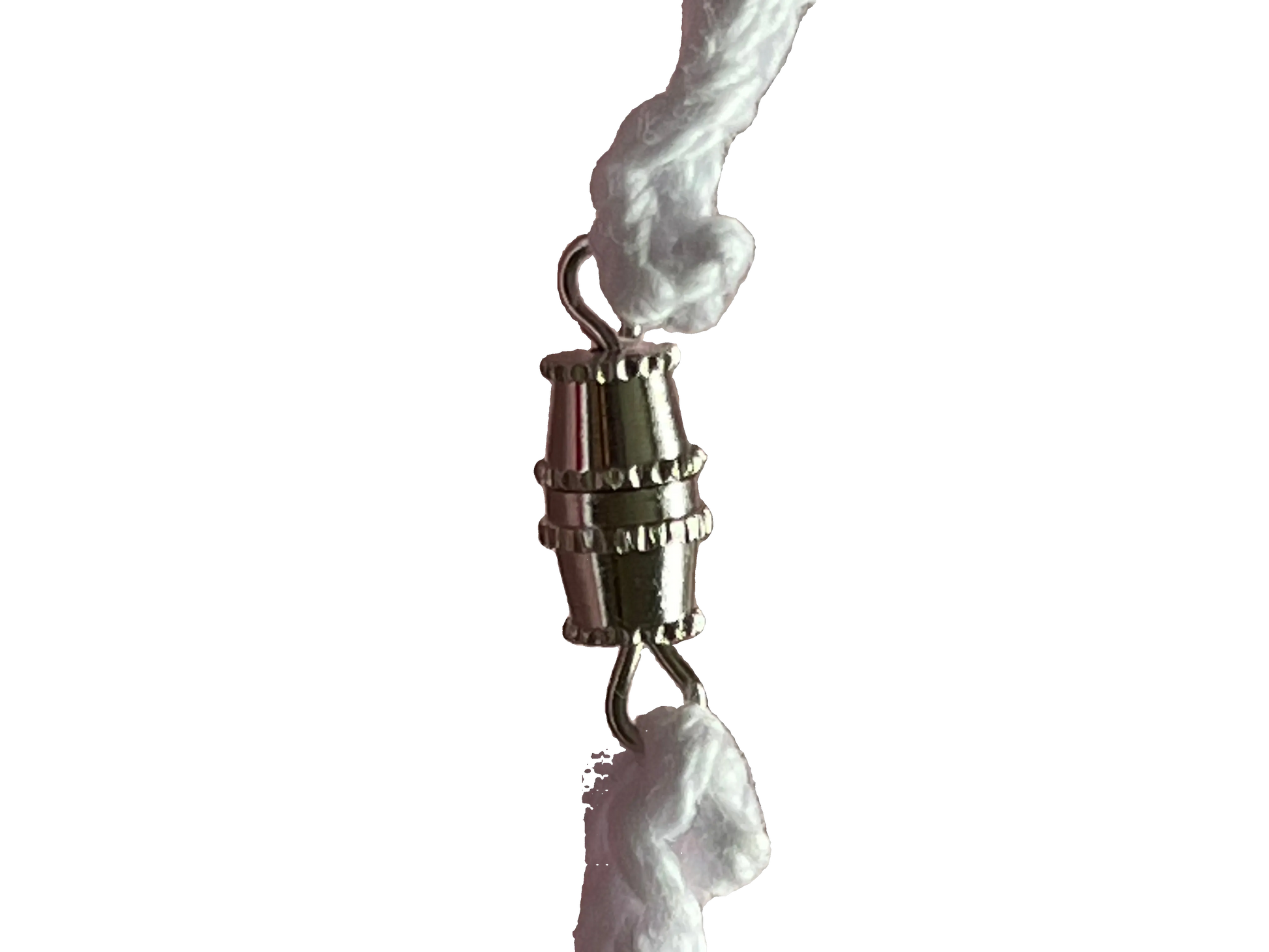 A pendant clasp attached on both sides to a crocheted pendant