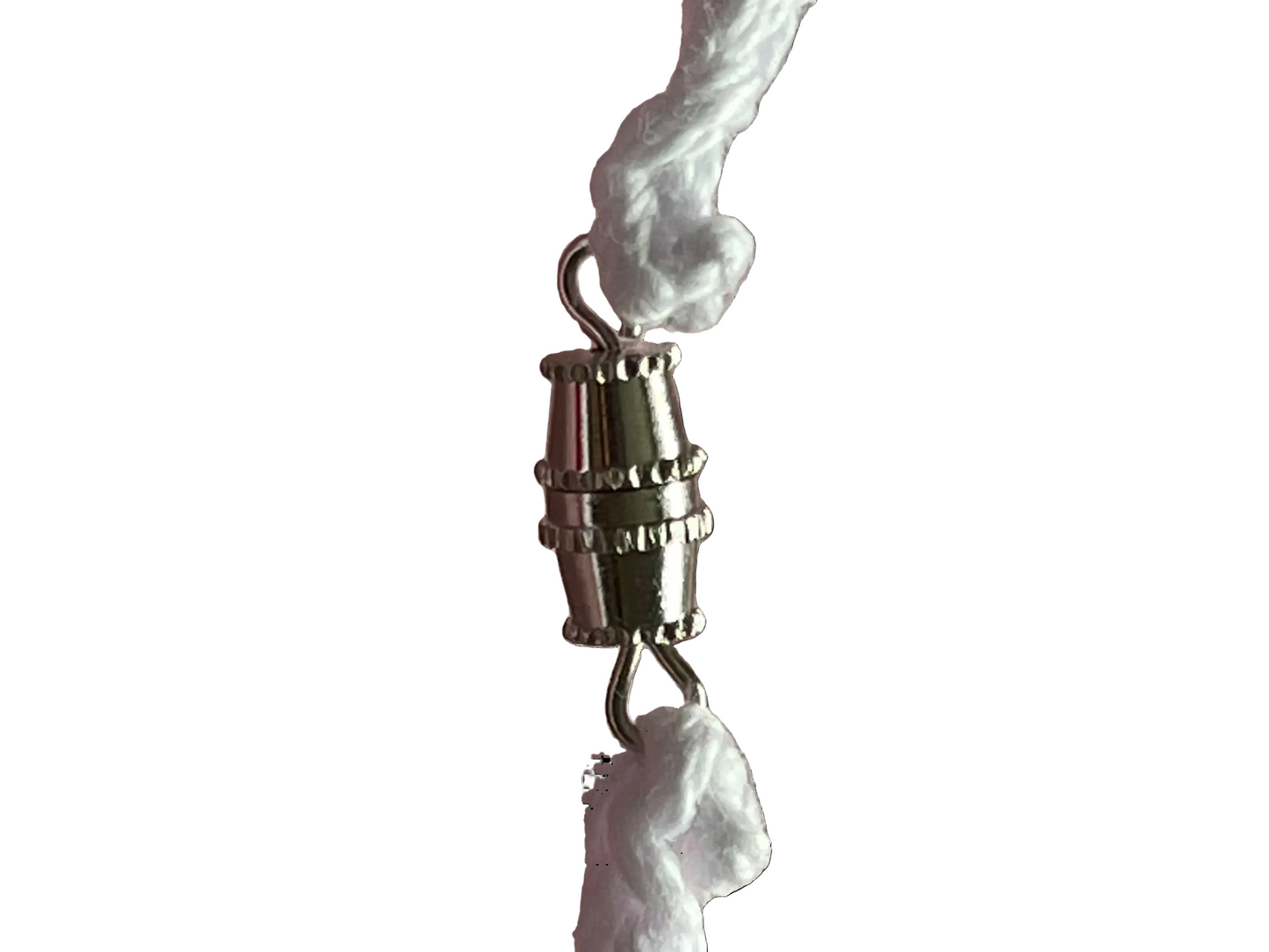 A pendant clasp attached on both sides to a crocheted pendant